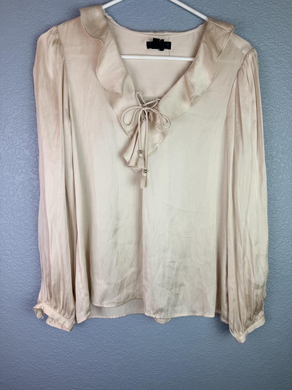 Paige Blouse Womens Small Beige Ruffle Tie Neck Long Sleeve Boho Satin Top